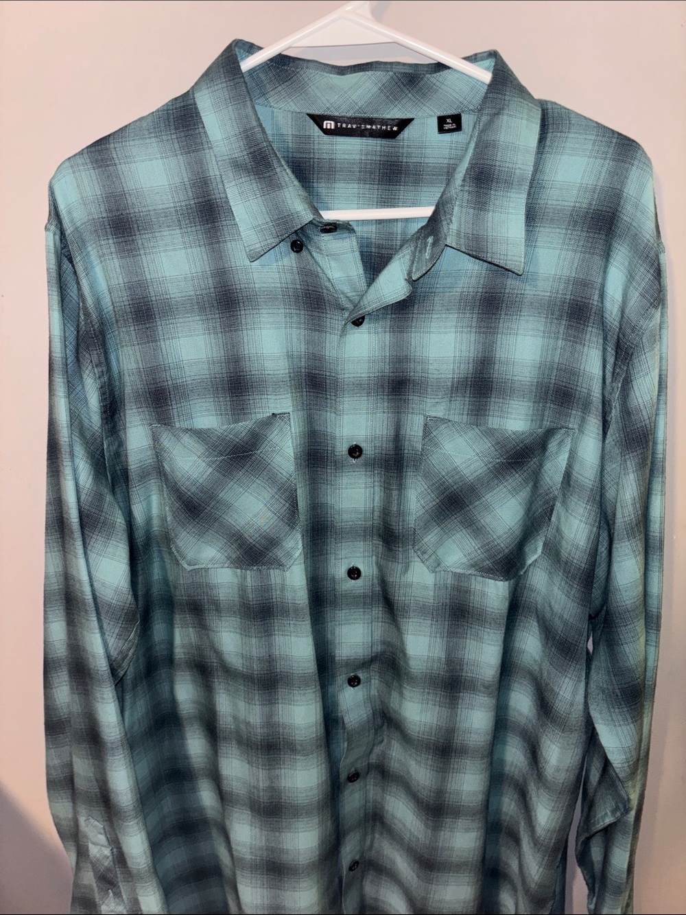 Travis Mathew Teal and Black Plaid Casual Button-Down Shirt